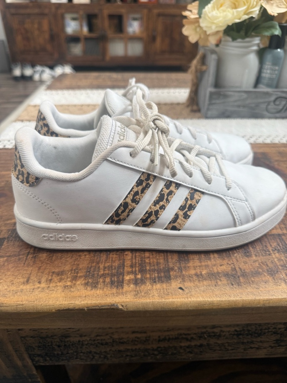 adidas White Sneakers with Leopard-Print Stripes